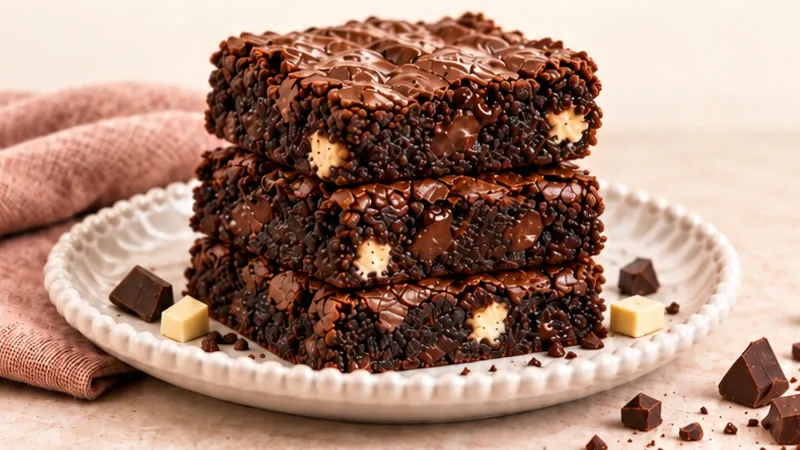 Brownies apilados con chocolate blanco